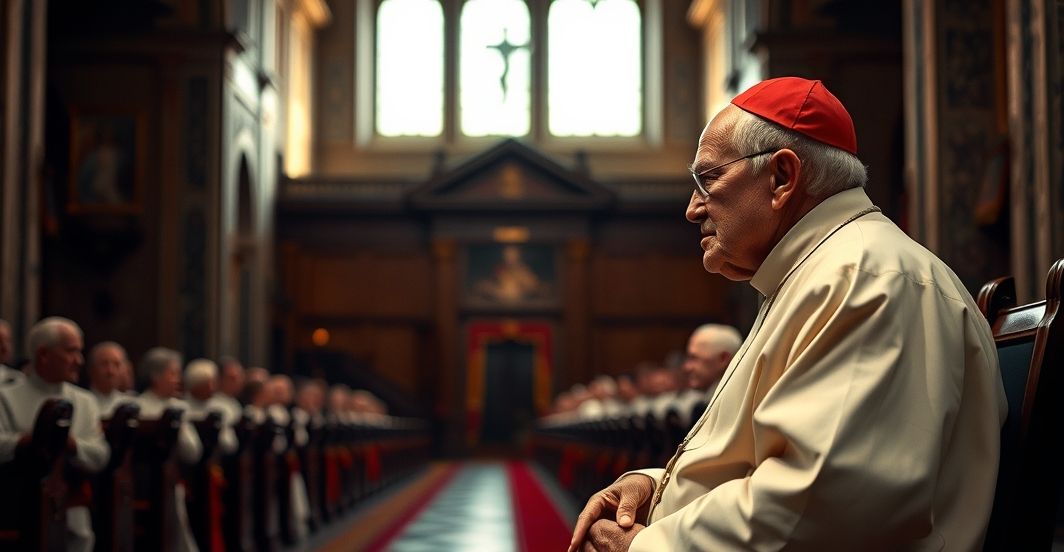 Dostojny obraz starszego katolika w kościele, symbolizujący szacunek i moralną refleksję nad społecznymi nierównościami
