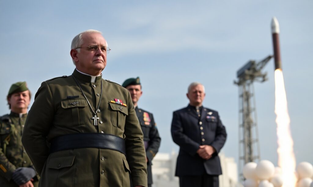 Obraz przedstawiający ministra Władysława Kosiniaka-Kamysza i prezydenta Karola Nawrockiego podczas startu rakiety SpaceX z satelitą dla polskiej armii. Scena jest ujęta w tradycyjnym katolickim kontekście.