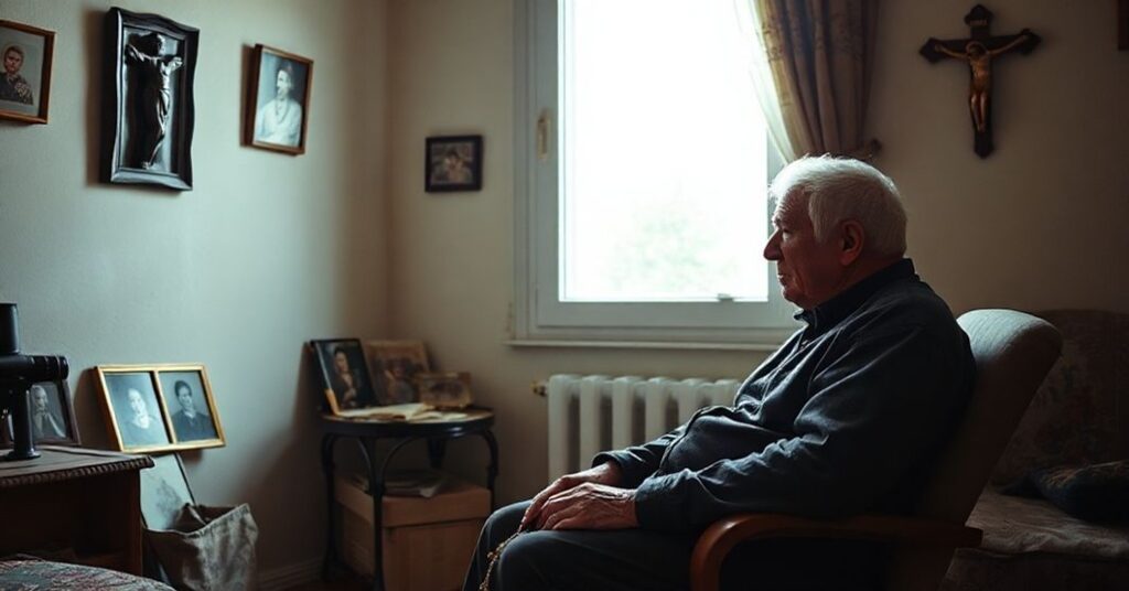 Staruszek modlący się sam na pokoju z różańcem i krzyżem na ścianie.