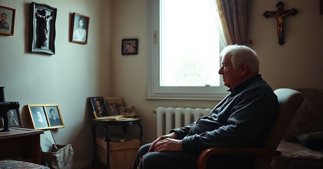Samotność starości w odchodzącym katolickim społeczeństwie Staruszek modlący się sam na pokoju z różańcem i krzyżem na ścianie.