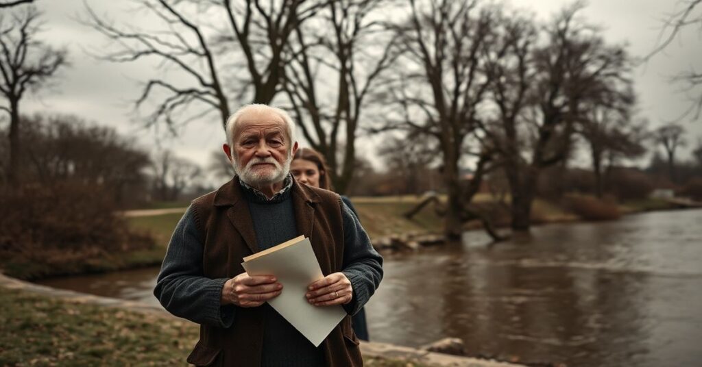 Staruszek trzymający list do Wisły w smutnym parku w Warszawie