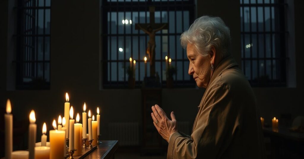 Stara kobieta modli się przed tradycyjnym ołtarzem katolickim w ciemnej celi kolonii staruszowskiej