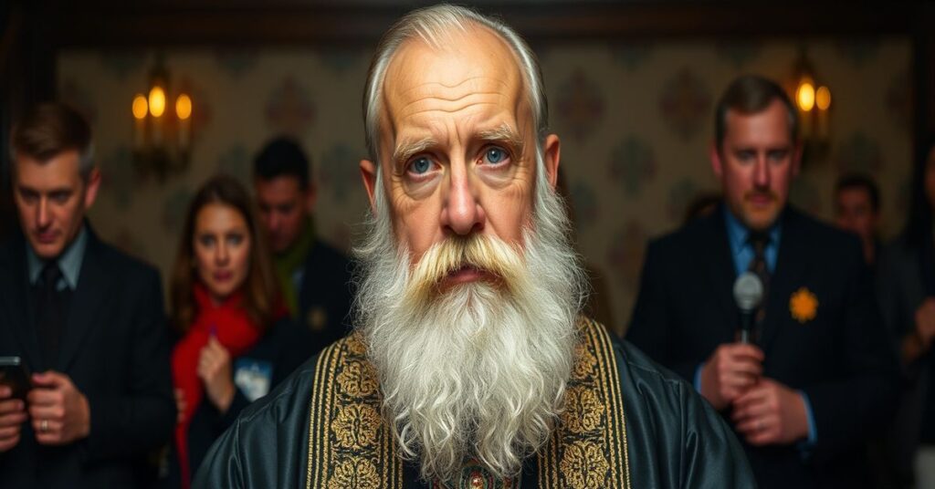 Staruszka modląca się przed ruiną kościoła w stylu tradycyjnym katolickim