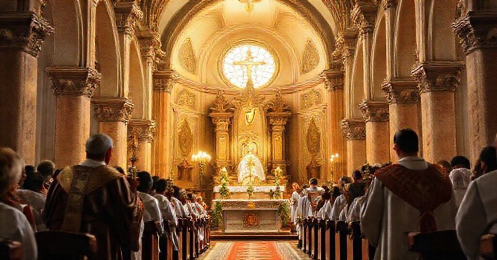 Staruszka w tradycyjnym habitcie modli się przed tabernakulum w zniszczonym kościele.