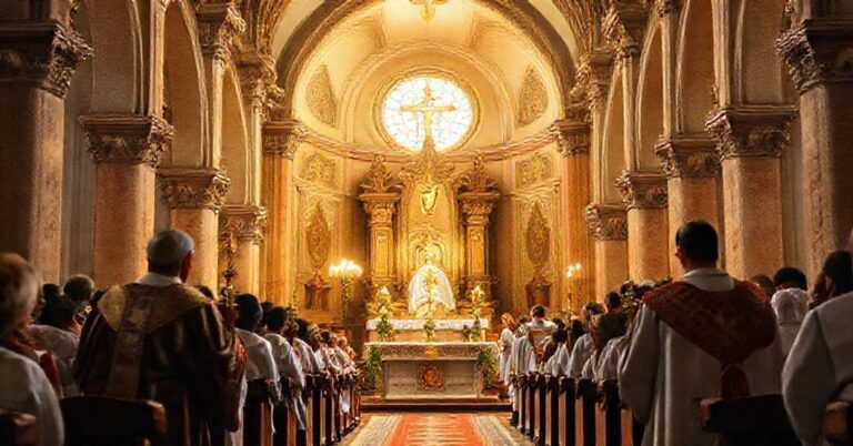 Staruszka w tradycyjnym habitcie modli się przed tabernakulum w zniszczonym kościele.