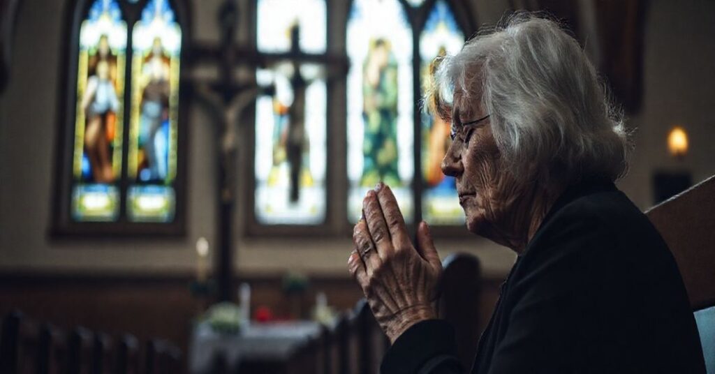 Staruszka w kaplicy modląca się przed krzyżem, z atmosferą smutku i refleksji nad tragicznością samobójstwa.