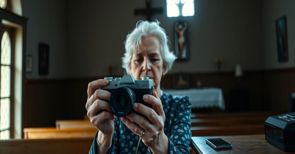 Stara kobieta w tradycyjnym katolickim otoczeniu trzyma stary aparat fotograficzny, symbolizując napięcie między naturalistycznym humanizmem a boskim przeznaczeniem.