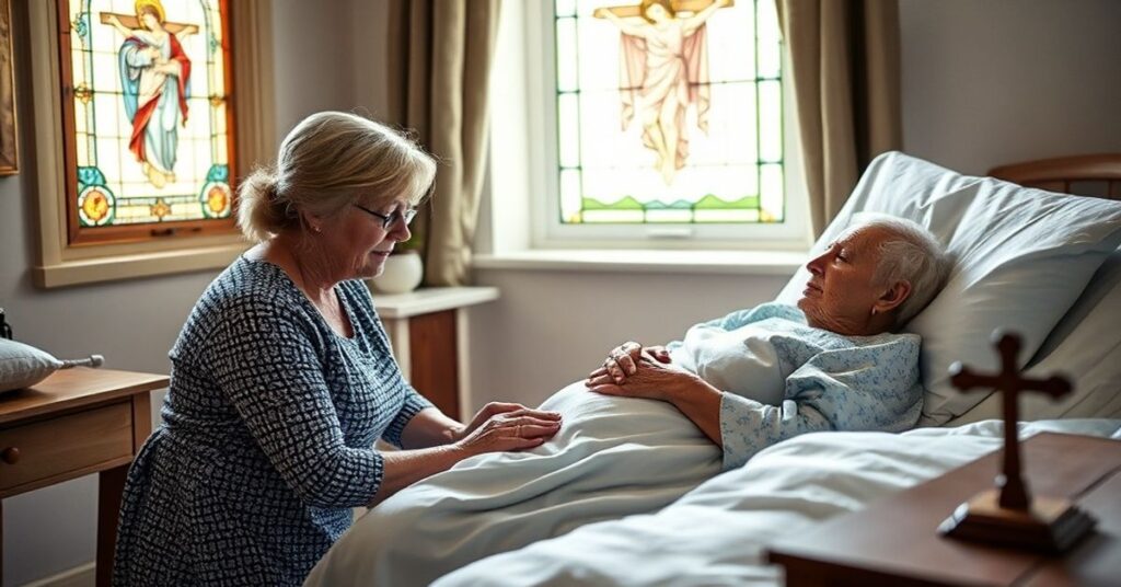 Przedstawienie staruszki katolickiej w tradycyjnym stroju szpitalnym, modlącej się w łóżku hospicyjnym z oddaną opiekuńczynią przy boku.