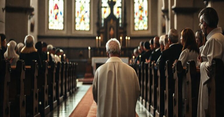 Stary kapłan w tradycyjnym stroju modli się w statycznym kościele z wiernymi, którzy zwracają się ku ołtarzowi. Scena oddaje głęboki lęk i wiarę tradycyjnych katolików.
