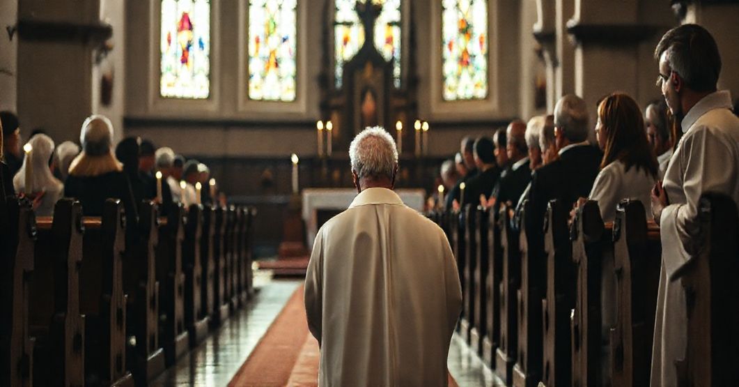 Stary kapłan w tradycyjnym stroju modli się w statycznym kościele z wiernymi, którzy zwracają się ku ołtarzowi. Scena oddaje głęboki lęk i wiarę tradycyjnych katolików.