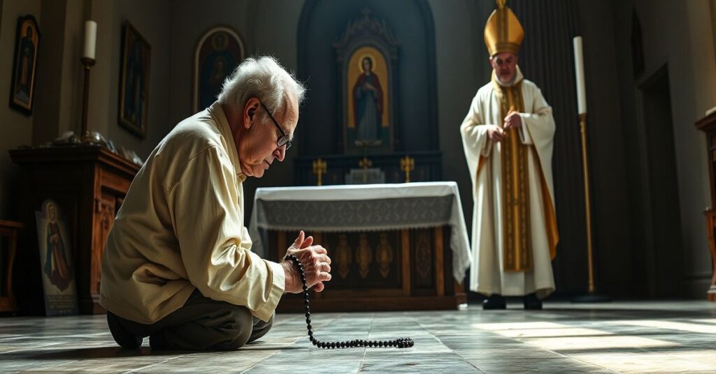 Stary katolicki mężczyzna modli się przed tradycyjnym ołtarzem w ciemnej kościele w Bydgoszczy, podczas gdy nowoczesny 'biskup' w świeckich ubraniach stoi obok i oferuje puste słowa pocieszenia.