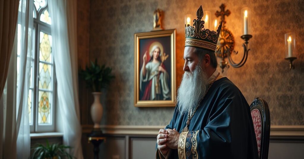 Stary katolik modlący się przed obrazem Chrystusa Króla w pustym pokoju