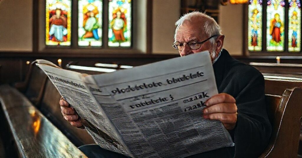 Stary katolicki mężczyzna czytający artykuł Jerzego Sosnowskiego o subiektywnym postrzeganiu czasu w tradycyjnym kościele