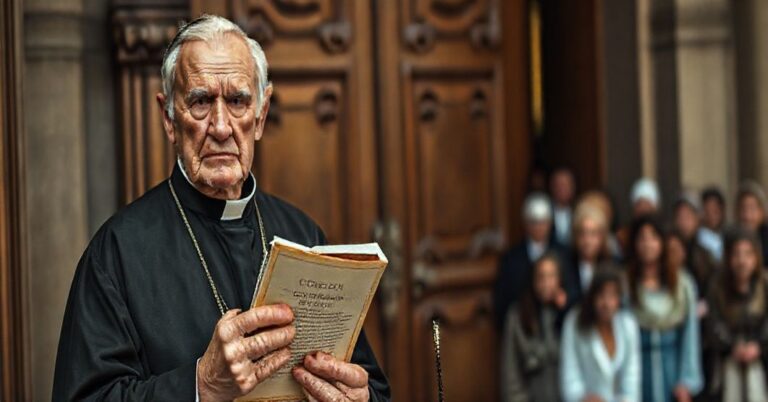 Stary ksiądz w tradycyjnym habitcie stoi przed zamkniętymi drzwiami kościoła z rozdartym egzemplarzem "Gaudium et Spes" i złamanym różańcem w ręku, symbolizując kryzys duchowy Kościoła synodalnego