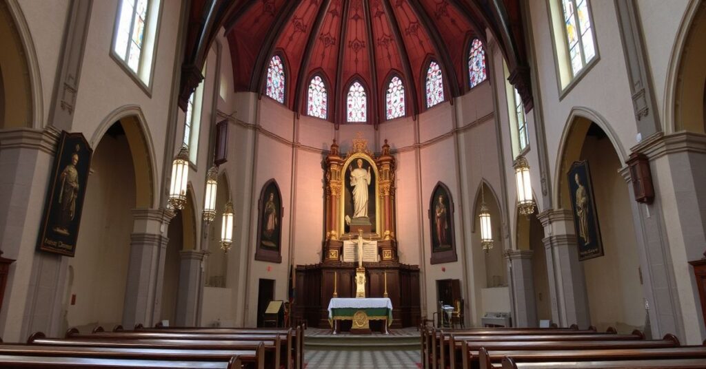 Stary kościół katolicki w Montgomery, Alabamie, pełen tradycyjnych elementów sakralnych.