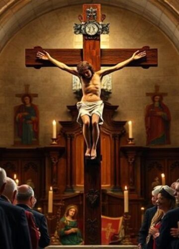 Stary krucyfiks w tradycyjnej polskiej kaplicy katolickiej Stary krucyfiks w tradycyjnej polskiej kaplicy katolickiej otoczony modlącymi się wiernymi