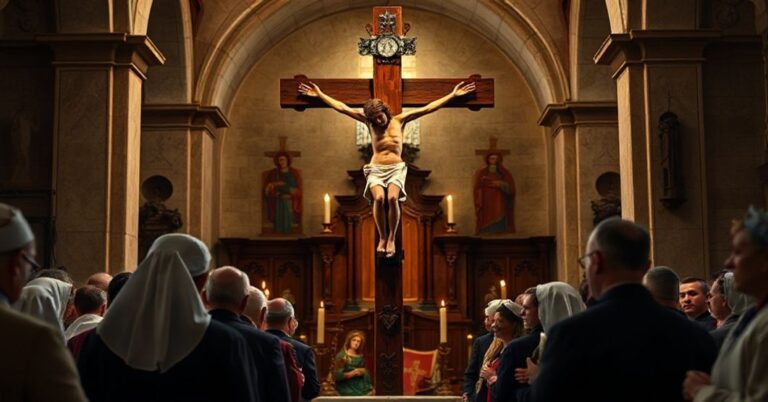 Stary krucyfiks w tradycyjnej polskiej kaplicy katolickiej otoczony modlącymi się wiernymi