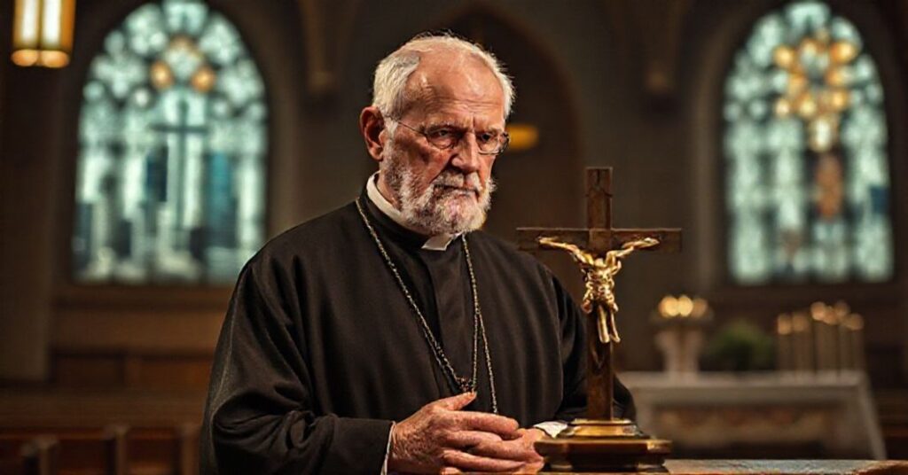 Stary ksiądz w tradycyjnym ornaty stoi w ciemnym wnętrzu kościoła przed pękniętym krzyżem, na tle nowoczesnego miasta.