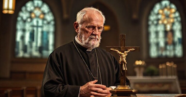 Stary ksiądz w tradycyjnym ornaty stoi w ciemnym wnętrzu kościoła przed pękniętym krzyżem, na tle nowoczesnego miasta.