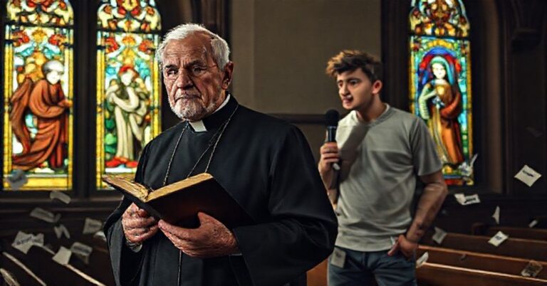 Stary sedewakantystowski księż w sutannie stoi w ciemnej kaplicy, trzymając zamkniętę Biblię. Młody człowiek w nowoczesnym ubiorze rozmawia do mikrofonu otoczony notatkami z fragmentami głupczłowych gier słownych.