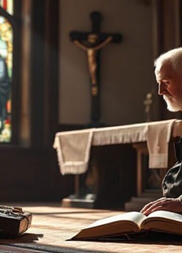 Starość jako dar w oczach prawdziwego Kościoła Stary katolicki mężczyzna w modlitwie przed ołtarzem z krucyfiksem i Biblią