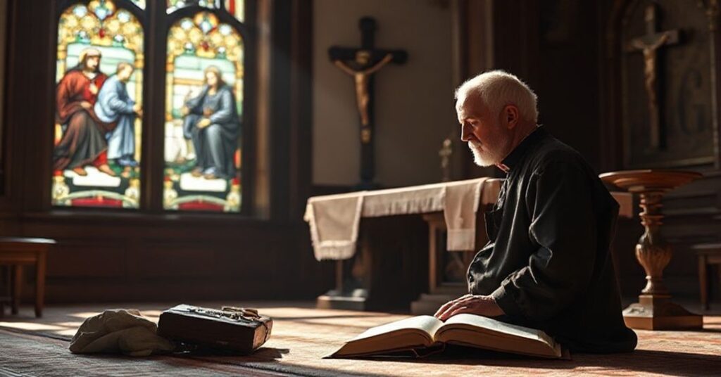 Stary katolicki mężczyzna w modlitwie przed ołtarzem z krucyfiksem i Biblią