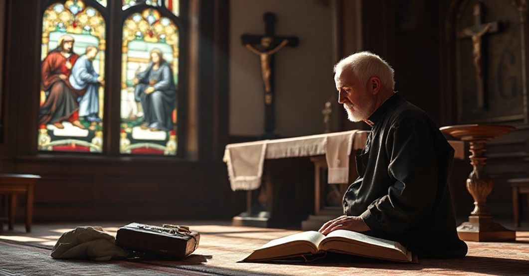 Stary katolicki mężczyzna w modlitwie przed ołtarzem z krucyfiksem i Biblią