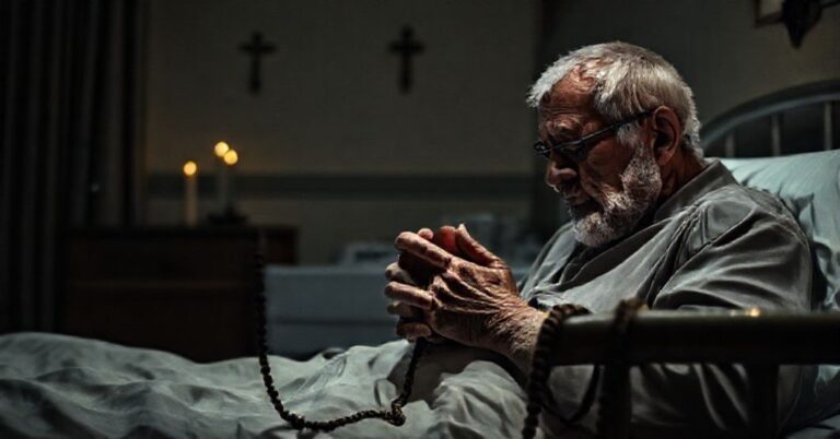Stary mężczyzna modli się w tradycyjnej szpitalnej izbie z różańcem i krzyżem nad łóżkiem