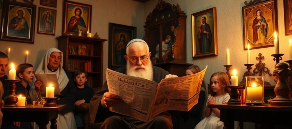 Stary misjonarz Gaspare czyta wycinki z gazet w pokoju pełnym ikon religijnych
