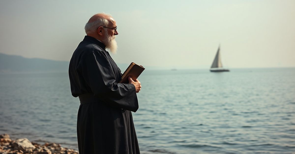 Stary kapłan w tradycyjnym habitaciku stoi na brzegu Jeziora Galilejskiego, patrząc z smutkiem na odległy żagiel znikający w mgle.
