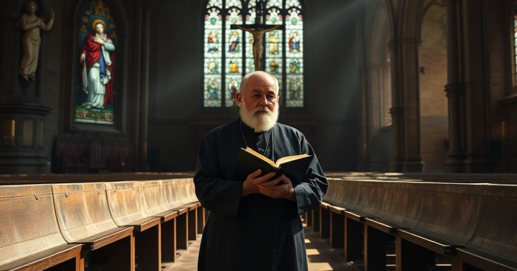 Stary sedewakantysta w tradycyjnym habicie modli się w pusto wydawanym kościele gotyckim.