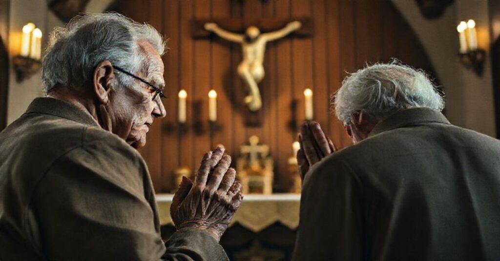Starzy katolicy modlący się przed krzyżem w koście, symbolizujący katolicką wizję starości jako ofiary duszpasterskiej