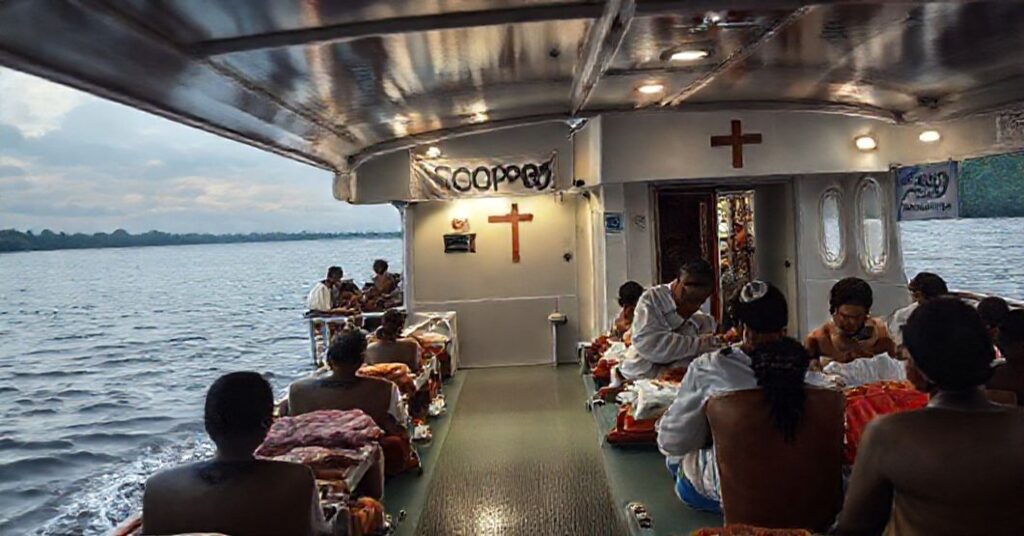 Realistyczny obraz statku szpitalnego "San Giovanni XXIII" na rzece Amazonka bez widocznych elementów religijnych