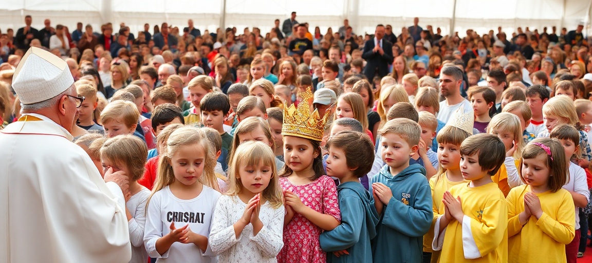 Grupa dzieci podczas Statio Dzieci Kongresu Eucharystycznego w Studzienicznej. Widoczne są dzieci modlące się różańcem przed pustym tronem przedstawiającym brak Chrystusa Króla.
