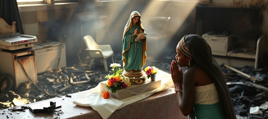 Statua Matki Bożej w szpitalu katolickim w Enugu w Nigerii pozostaje nienaruszona po pożarze, otoczona spalonymi przedmiotami. Siostra Maria Chinaemerem Igwe modli się przed statuą.
