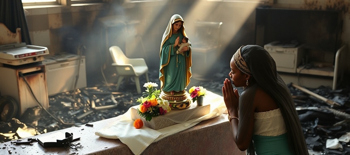 Statua Matki Bożej ocalała po pożarze szpitala katolickiego w Enugu Statua Matki Bożej w szpitalu katolickim w Enugu w Nigerii pozostaje nienaruszona po pożarze, otoczona spalonymi przedmiotami. Siostra Maria Chinaemerem Igwe modli się przed statuą.
