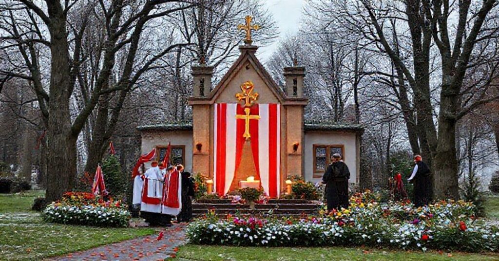 Biskup nowego rytu w ruinowanej świątyni symbolizujący upadek Kościoła