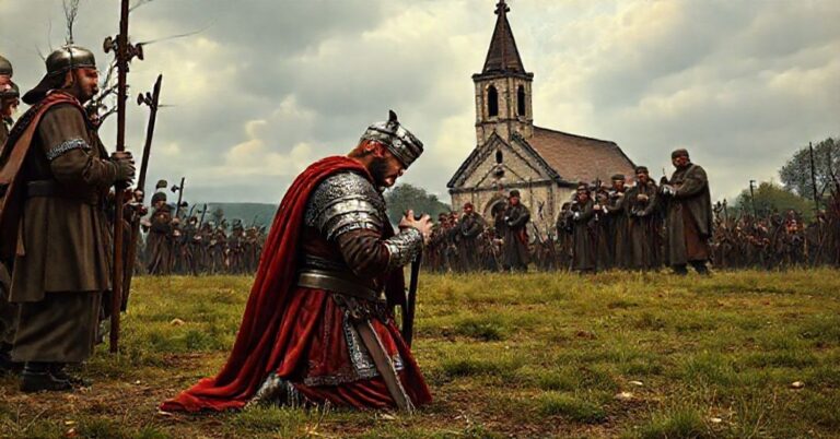 Stefan Batory w modlitewnej pozicji przed krzyżem na polu bitwy, z jezuitami błogosławiącymi wojska, w tradycyjnym stroju katolickim.