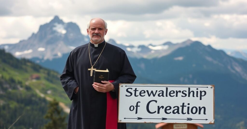 Ksiądz w Tatrach trzymający Biblię i transparent z hasłem 'Stewardship of Creation'.