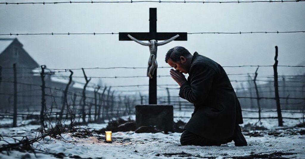 Stanisław Ryniak modli się przed krzyżem w obozie Auschwitz