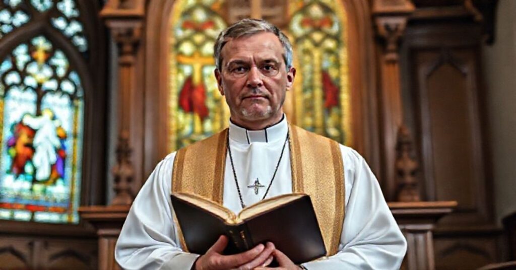 Ksiądz w tradycyjnych paramentach przed amboną kościelną z Biblią w ręku.