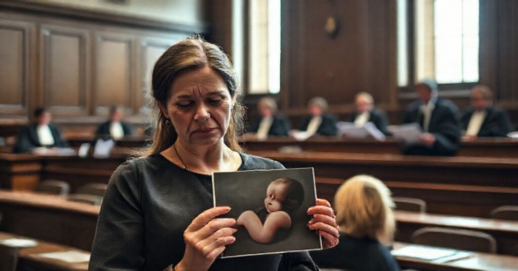 Scena sądowa w Strasburgu z sędziami rozprawiającymi nad sprawą aborcji eugenicznej.