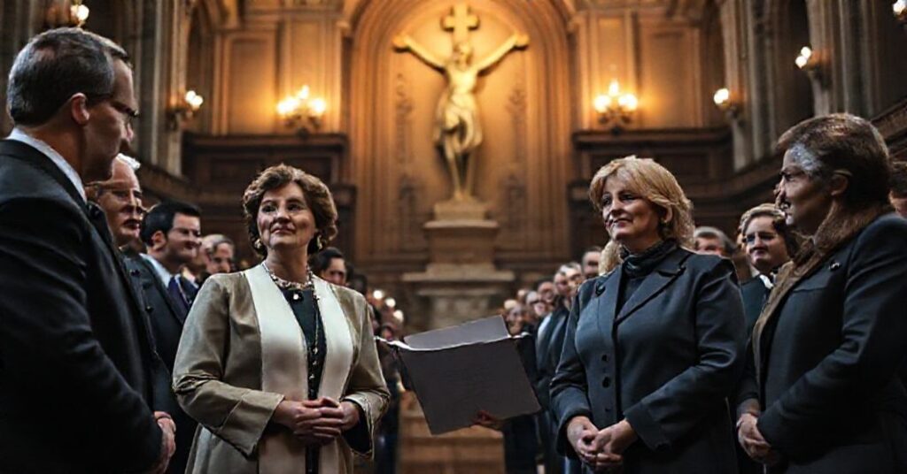 Uroczystość wręczenia Nagrody Sacharowa w Parlamencie Europejskim w Strasburgu, z udziałem Jana Poczobut i Mzii Amaglobeli na tle gotyckiego wnętrza.