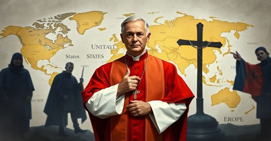 Ksiądz tradycyjny w stroju liturgicznym stoi przed mapą świata, wskazując na Stany Zjednoczone i Europę.