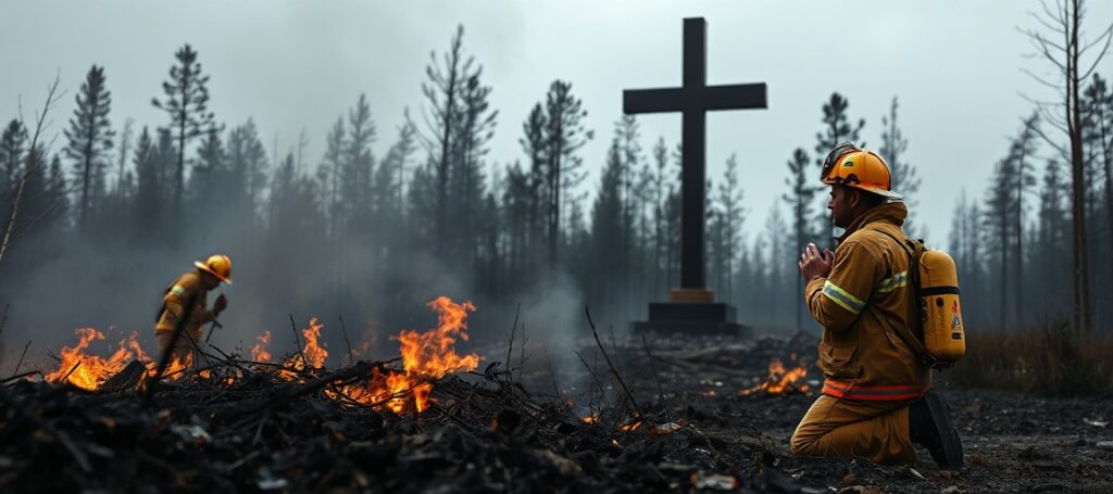 Strażacy dogaszają pożar w Puszczy Solskiej z krzyżem na tle