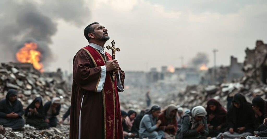 Ksiądz w tradycyjnym habitach stoi w ruinach Strefy Gazy z krzyżem, otoczony cierpiącymi cywilami.