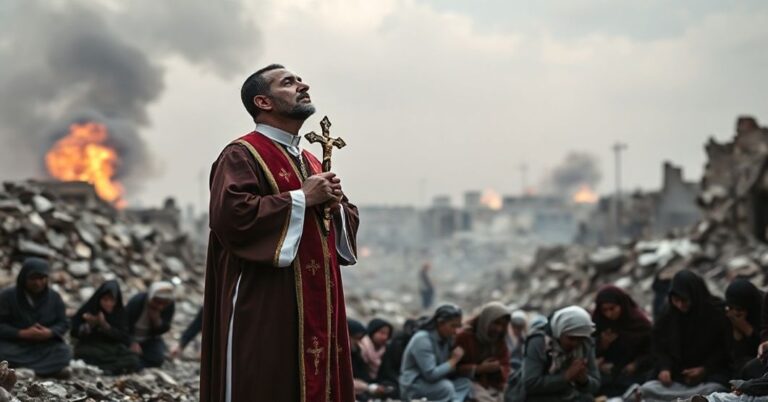 Ksiądz w tradycyjnym habitach stoi w ruinach Strefy Gazy z krzyżem, otoczony cierpiącymi cywilami.