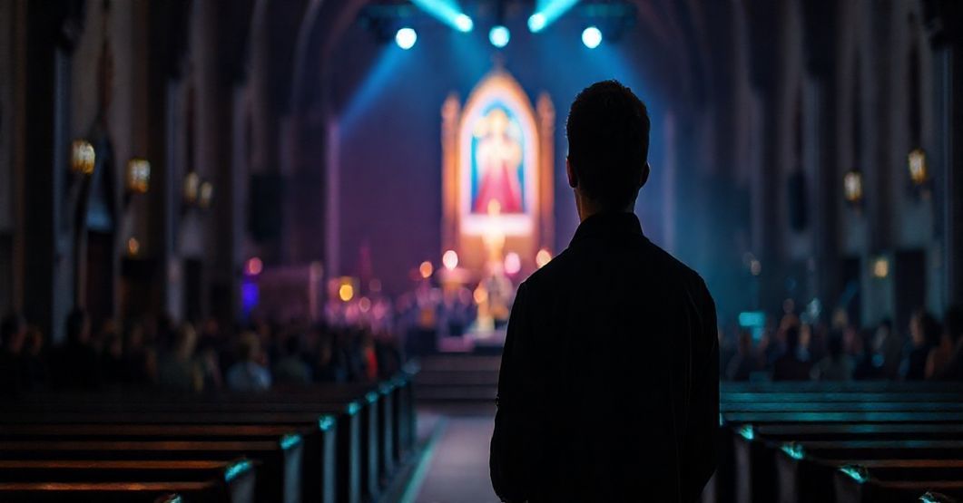 Młody katolik w tradycyjnym kościele patrzy z rozczarowaniem na sekularyzowany festiwal religijny "Strefa Młodych"