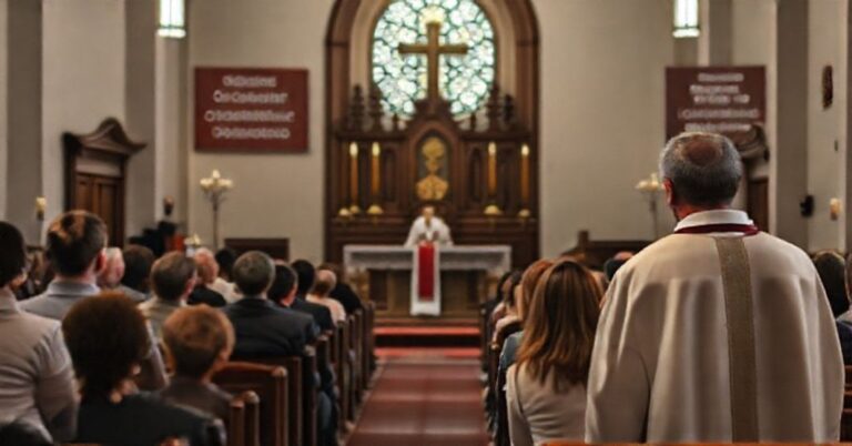 Wnętrze starego kościoła z tradycyjnym ołtarzem i młodymi ludźmi słuchającymi nowoczesnego mówcy. Scena odzwierciedla pułapkę modernistycznego wsłuchiwania się w siebie zamiast prawdziwego nawrócenia.