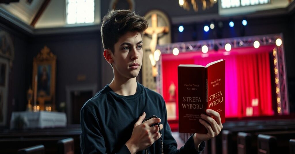 Młody człowiek stoi na przecięciu tradycji katolickiej i nowoczesnego śmiesznego wydarzenia "Strefa Wyboru"